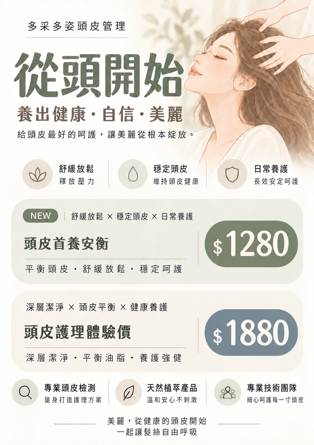 多采多姿頭皮管理 楊梅店 從頭開始 頭皮首養安衡 1280 元・頭皮護理體驗價 1880 元